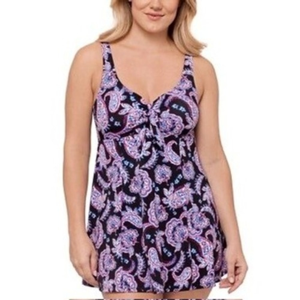 NWT Swim Solutions Swimdress Womens Black Multi Paisley Bow Front 10 $96‎